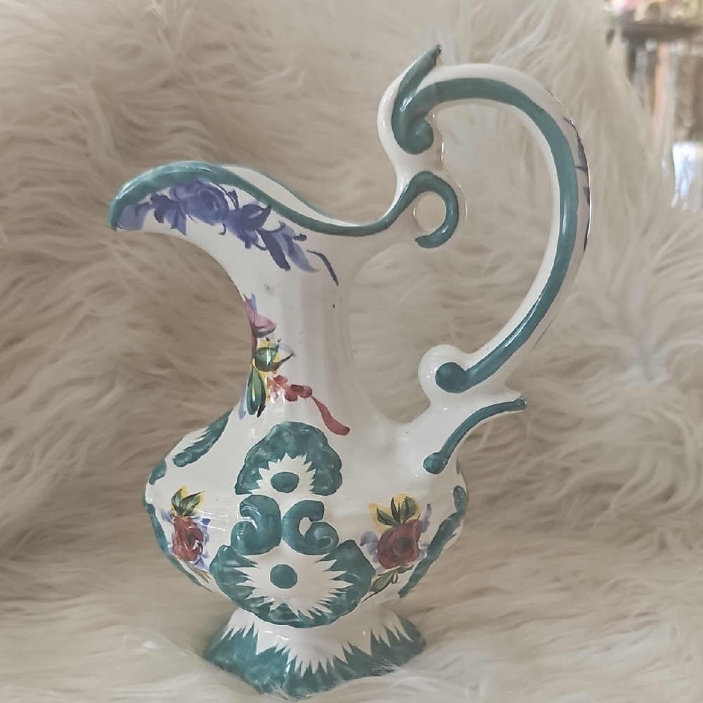 Floral Ceramic Pitcher with Green Accents